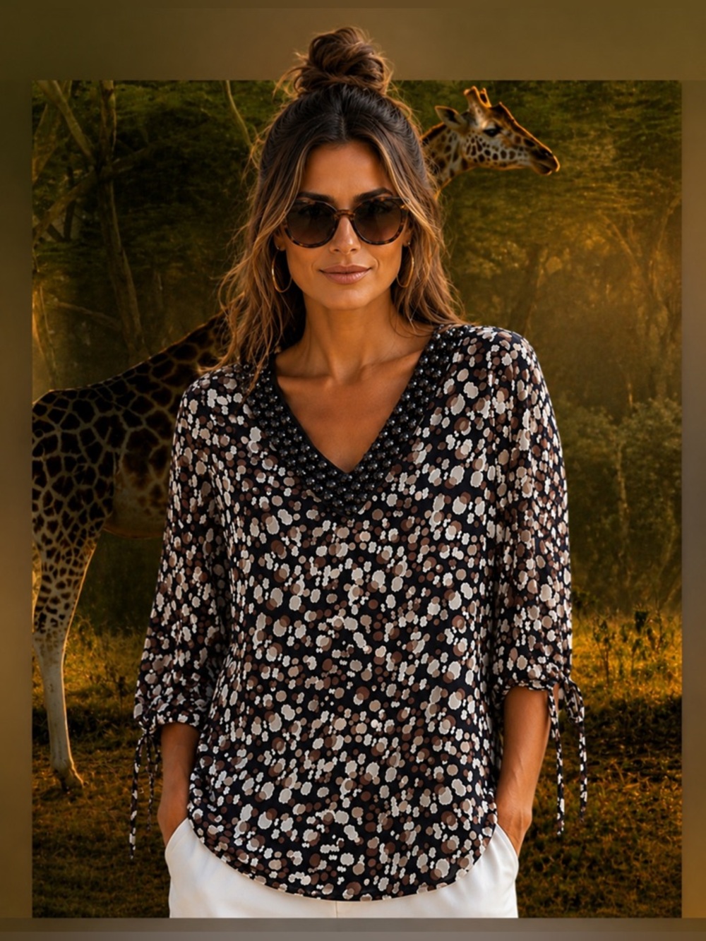 Jaclyn Smith Animal Print Beaded Blouse - Size Large